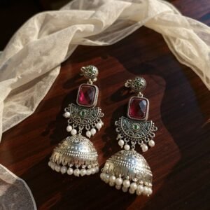 Oxidized Silver Jhumka Earrings with Pink Ruby Stone