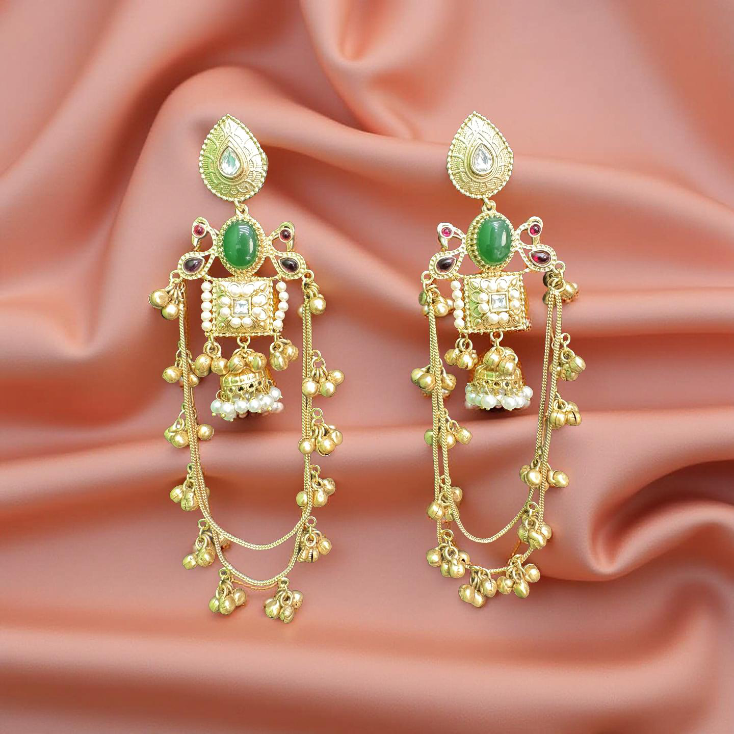 TRADITIONAL KUNDAN CHANDBALI EARRINGS WITH BEADS &GHUNGROO CHAINS
