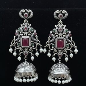 Antique Silver-Plated Oxidized Temple Jhumka Earrings with Pearls