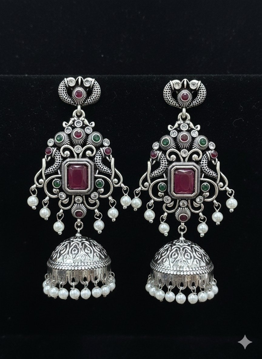 Antique Silver-Plated Oxidized Temple Jhumka Earrings with Pearls