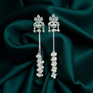 OXIDISED SILVER PEACOCK DROP EARRINGS WITH GREEN STONES