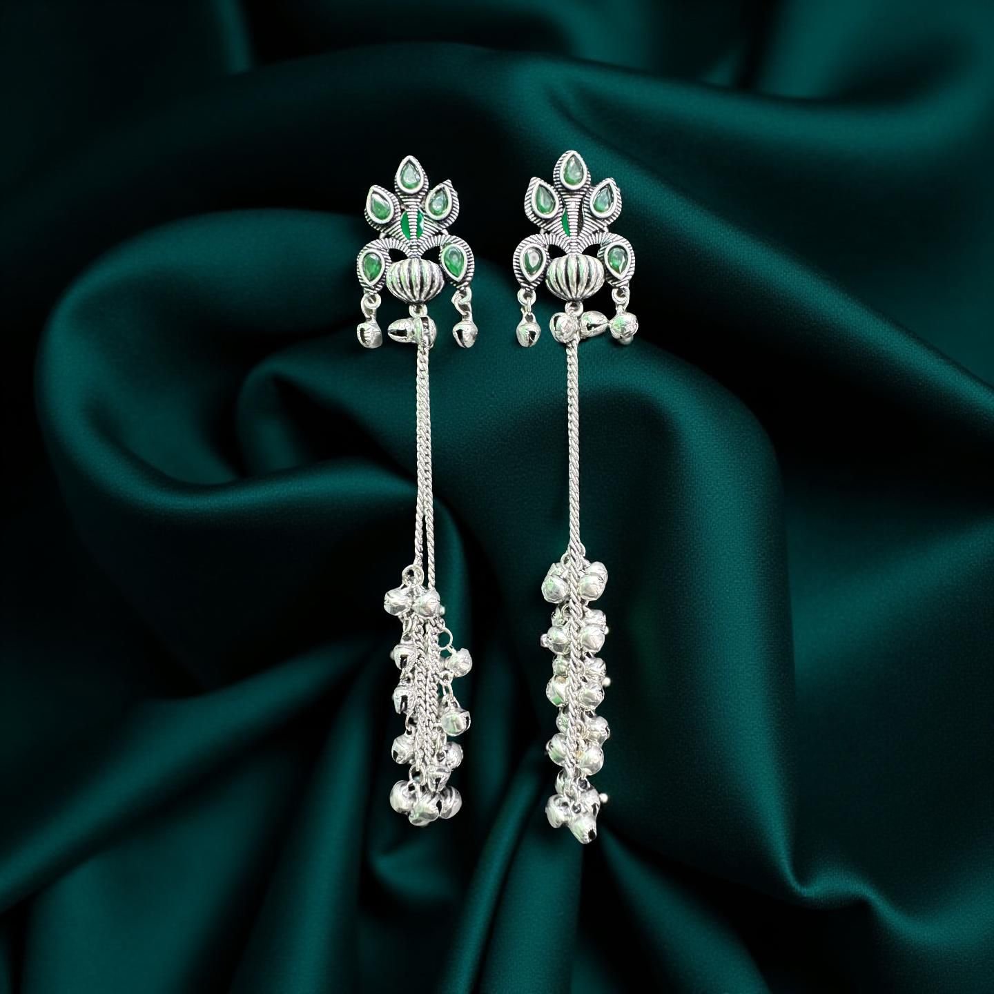 OXIDISED SILVER PEACOCK DROP EARRINGS WITH GREEN STONES