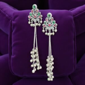 OXIDISED SILVER PEACOCK DROP EARRINGS WITH MULCOLOUR  STONES