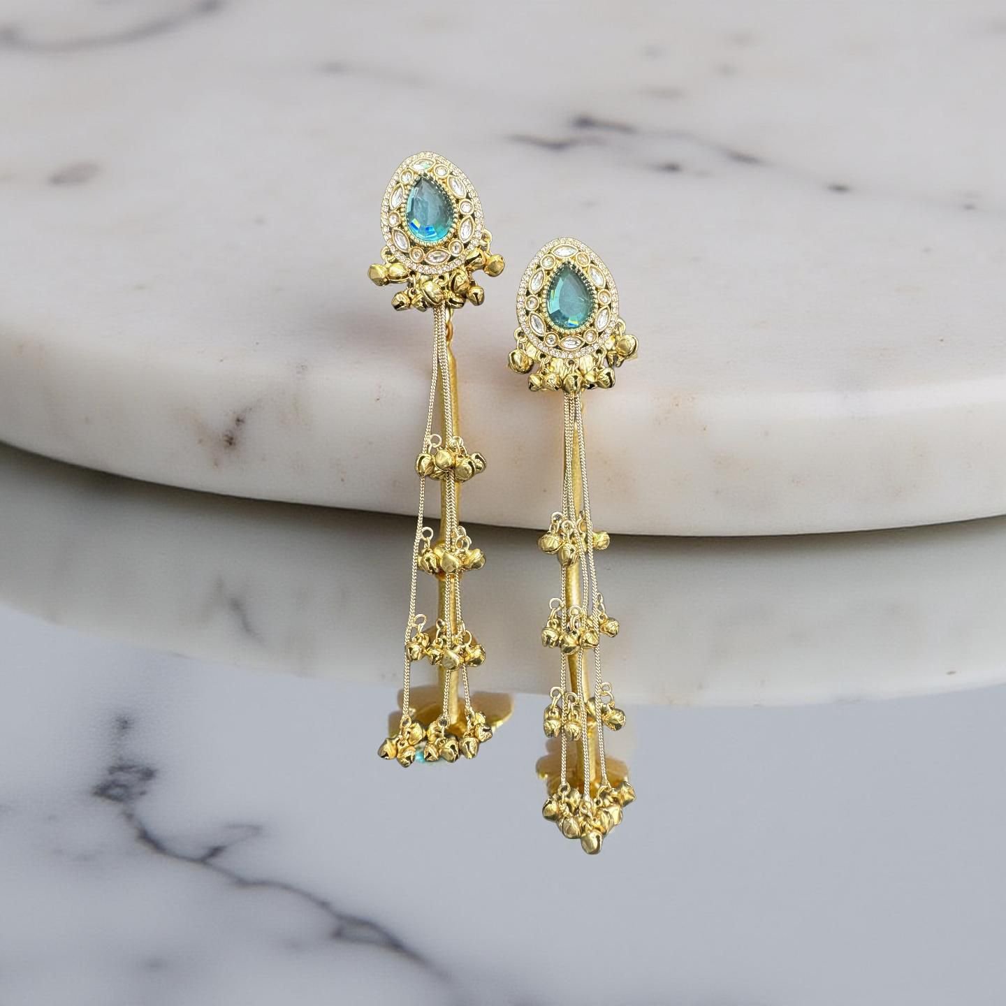AQUA TEARDROP KUNDAN LONG TASSEL EARRINGS