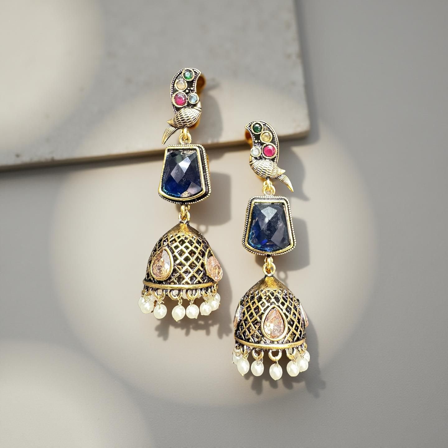 Antique Gold Parrot Drop Earrings with Ruby blue  Stone