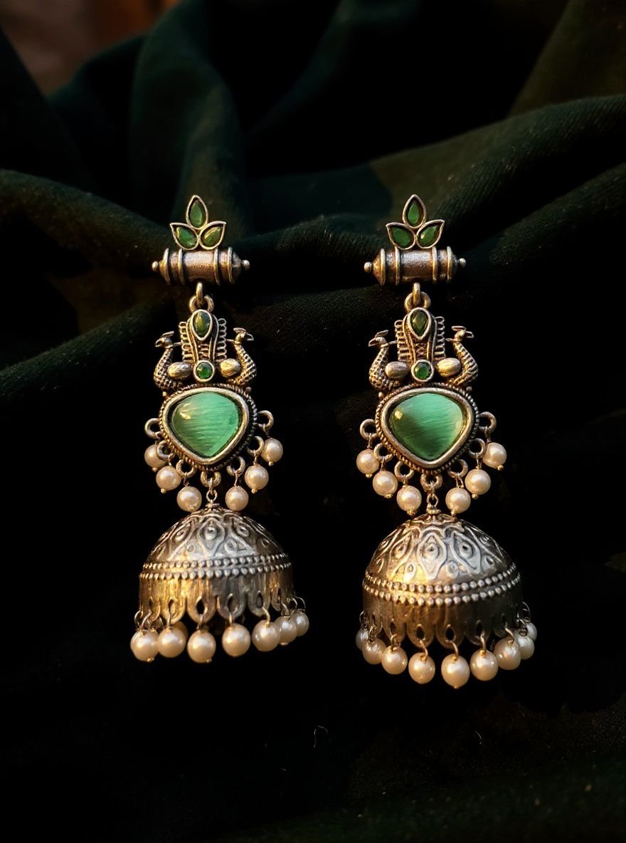 Oxidised Silver Green Stone Peacock Jhumka Earrings