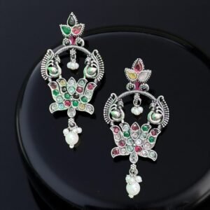 Oxidized Navratna/Kemp Stone Peacock Earrings