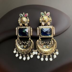 Antique Gold-Plated Temple Dangler Earrings with Emerald- blue