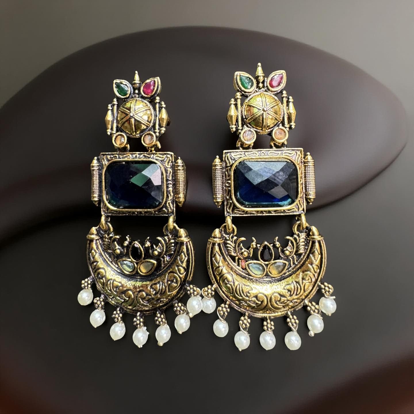 Antique Gold-Plated Temple Dangler Earrings with Emerald- blue