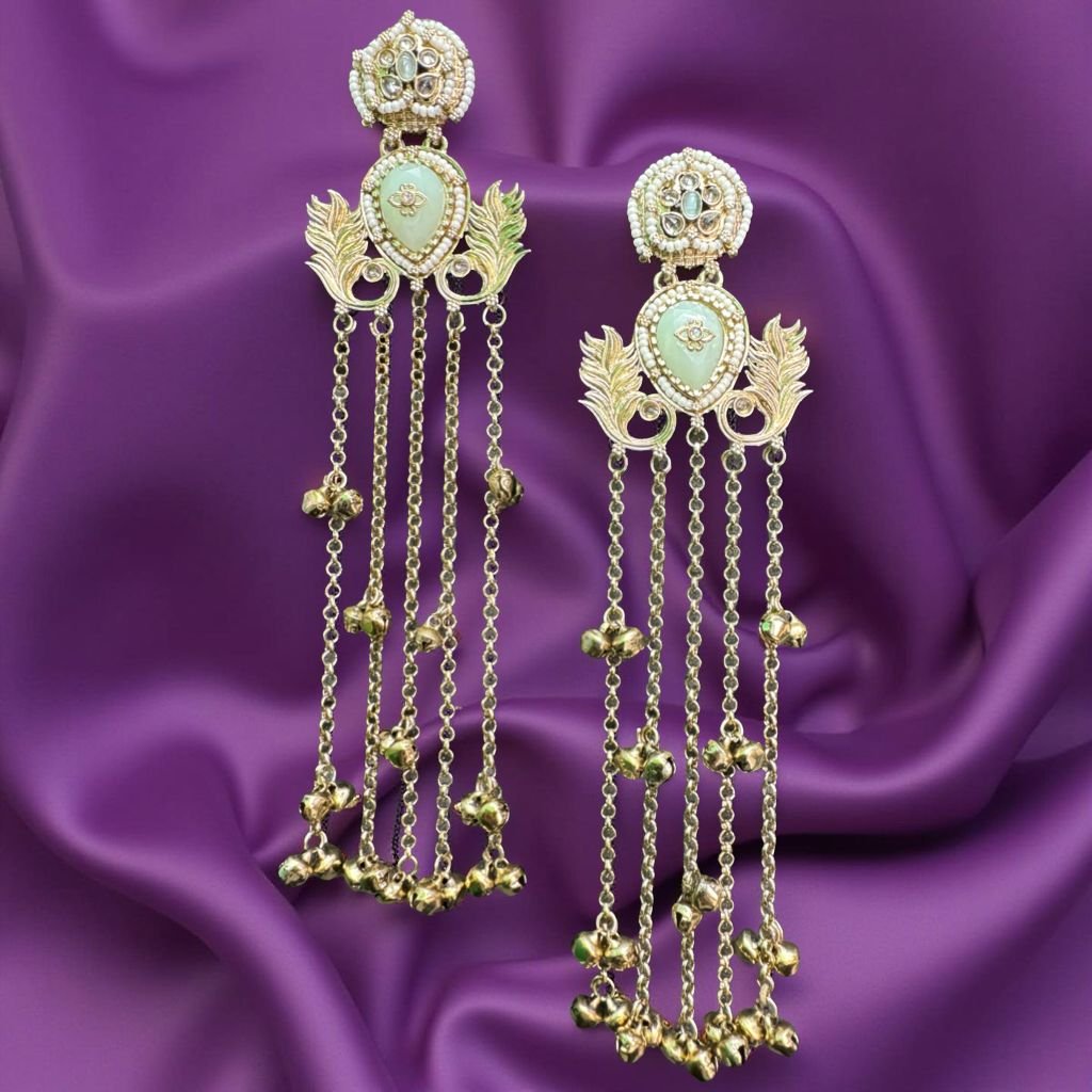 Mint Green Kundan Long Chaandbali Earrings