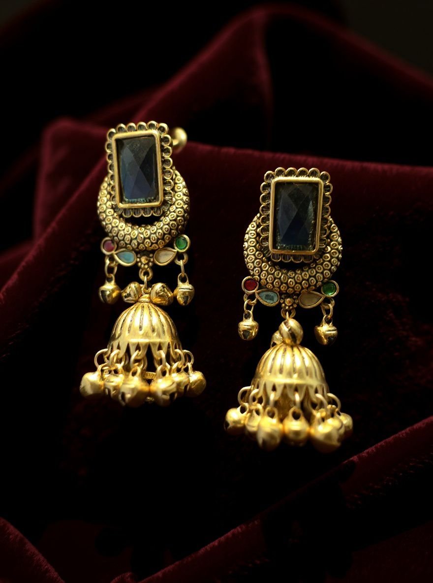 Oxidized Ruby Jhumka with blue stone