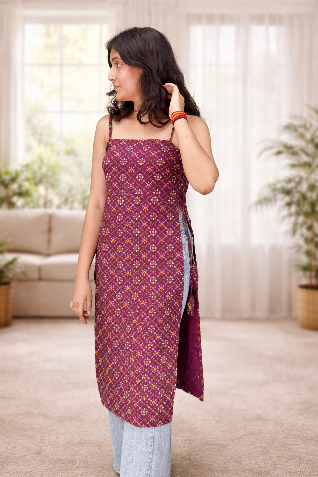 🍇 Wine Blossom Lace-Up Side Kurti 🍇