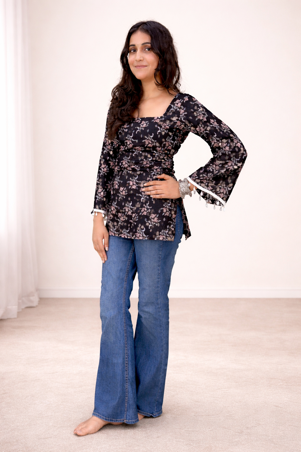 🌙 Midnight printed shell-Sleeve Kurti 🌙