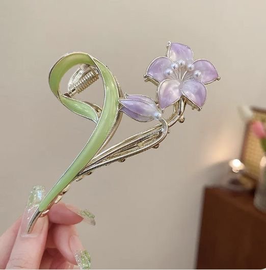 Pastel Floral Pearl Gold-Tone Hair Claw Clip