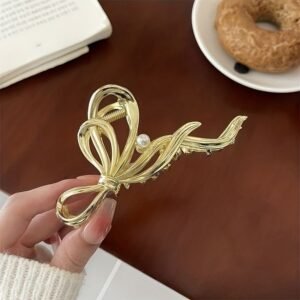 Elegant Bow Pearl Gold-Tone Hair Claw Clip