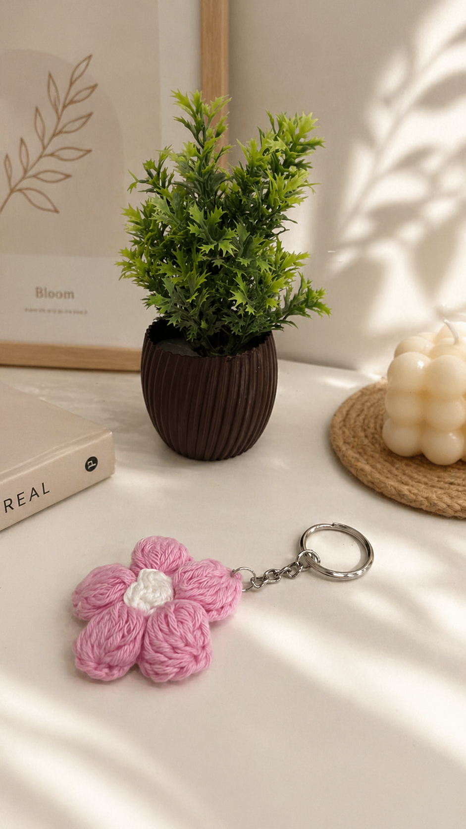 Handmade Crochet Pink Flower Keychain