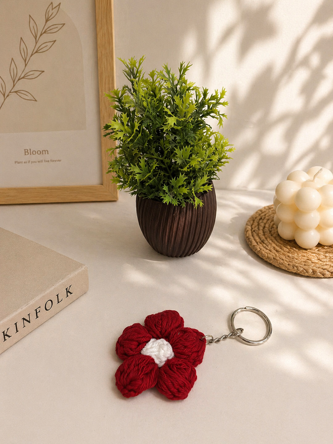 Handmade Crochet Red Flower Keychain
