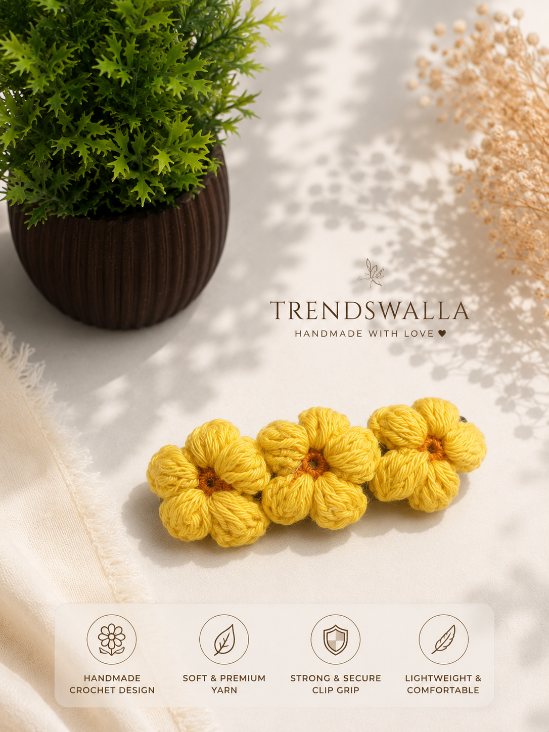 Handmade Yellow Crochet Flower Hair Clip for Girls & Women