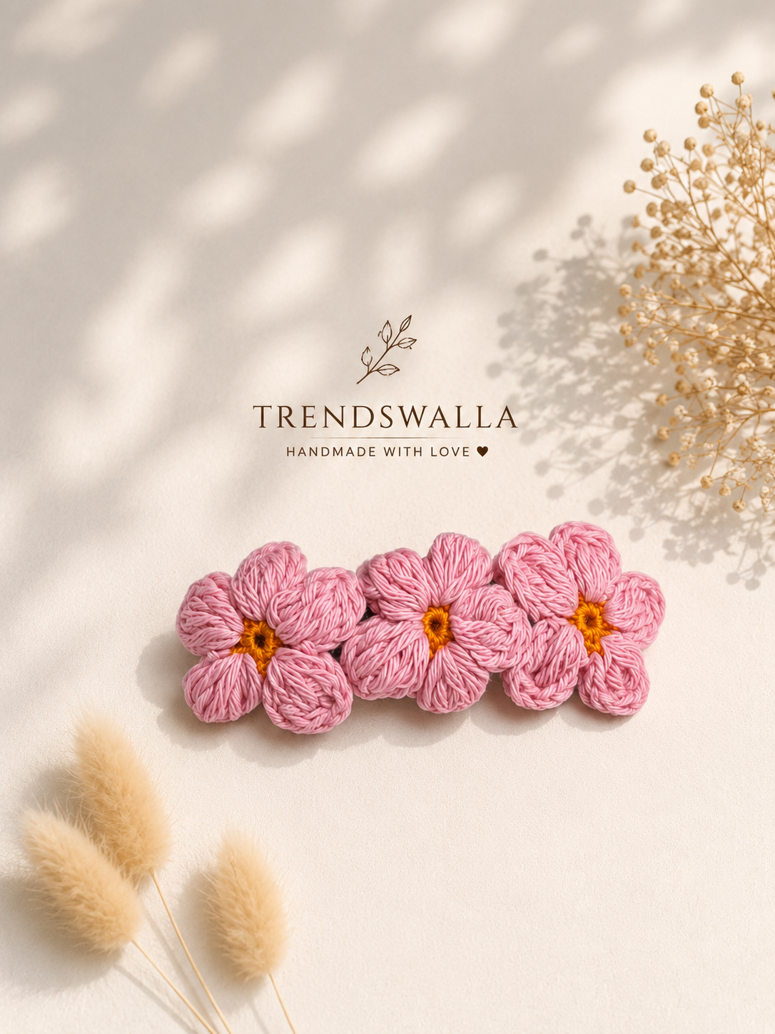 Handmade Pink Floral Crochet Hair Barrette For Girls & Women