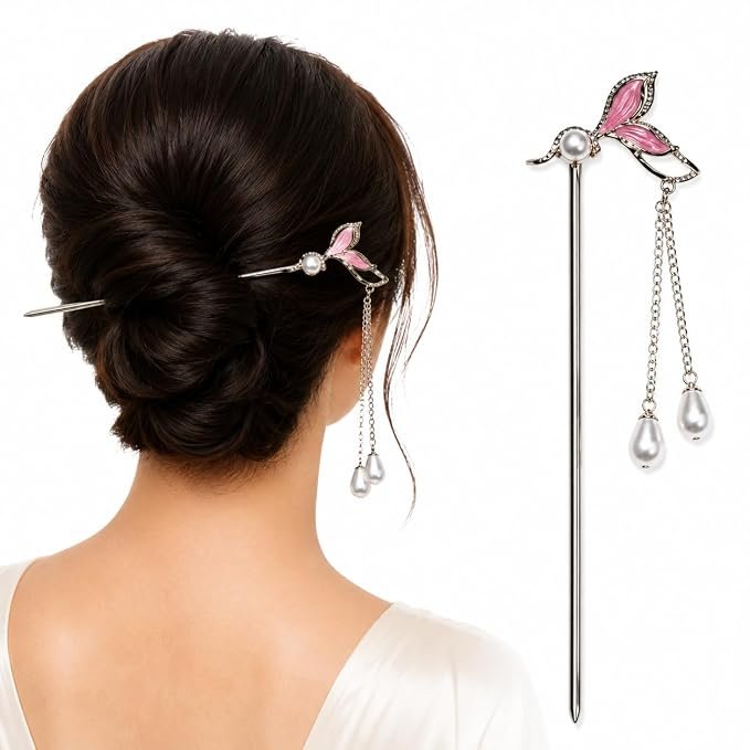 Floral Hair Stick for Women – Decorative Bun Hair Pin with Beaded Chain, Traditional Hair Accessory for Juda, Wedding, Party, Festive & Ethnic Hairstyles
