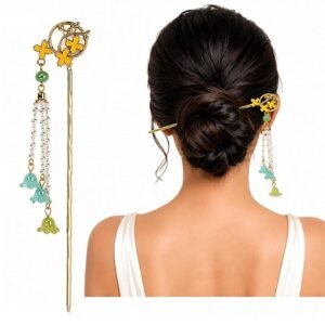 Hair Stick with Decorative Floral Charm & Beaded Chain – Long Hair Bun Pin, Traditional Hair Accessory for Women, Bridal, Wedding, Party & Festive Use