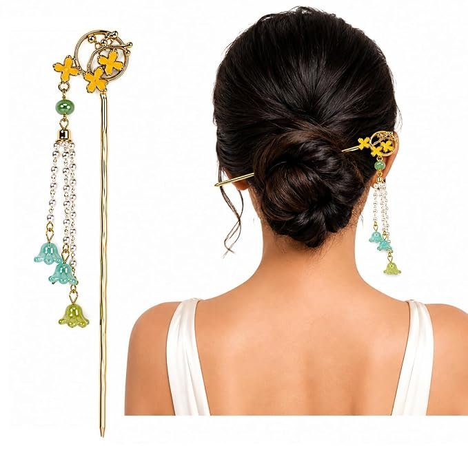 Hair Stick with Decorative Floral Charm & Beaded Chain – Long Hair Bun Pin, Traditional Hair Accessory for Women, Bridal, Wedding, Party & Festive Use