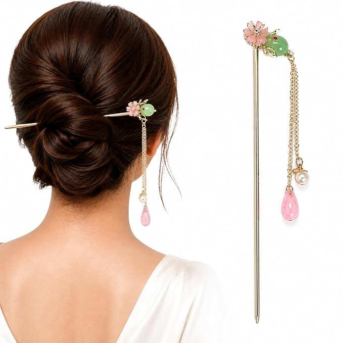 Hair Stick with Decorative Floral Charm & Beaded Chain – Long Hair Bun Pin, Traditional Hair Accessory for Women, Bridal, Wedding, Party & Festive Use