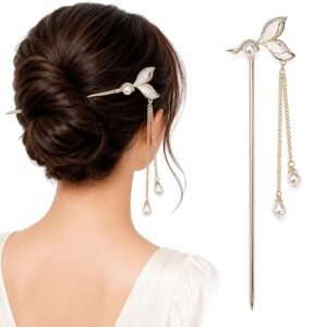 Floral Hair Stick for Women – Decorative Bun Hair Pin with Beaded Chain, Traditional Hair Accessory for Juda, Wedding, Party, Festive & Ethnic Hairstyles