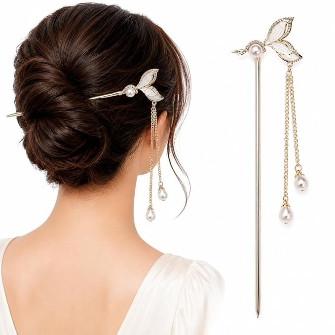 Floral Hair Stick for Women – Decorative Bun Hair Pin with Beaded Chain, Traditional Hair Accessory for Juda, Wedding, Party, Festive & Ethnic Hairstyles