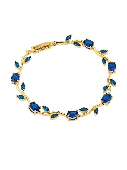 Gold Plated Crystal Navy Blue Bracelet for Women & Girls – Floral Link Bracelet with Sparkling CZ Stones | Elegant Party Use, Wedding, Anniversary & Gift Fashion Jewelry