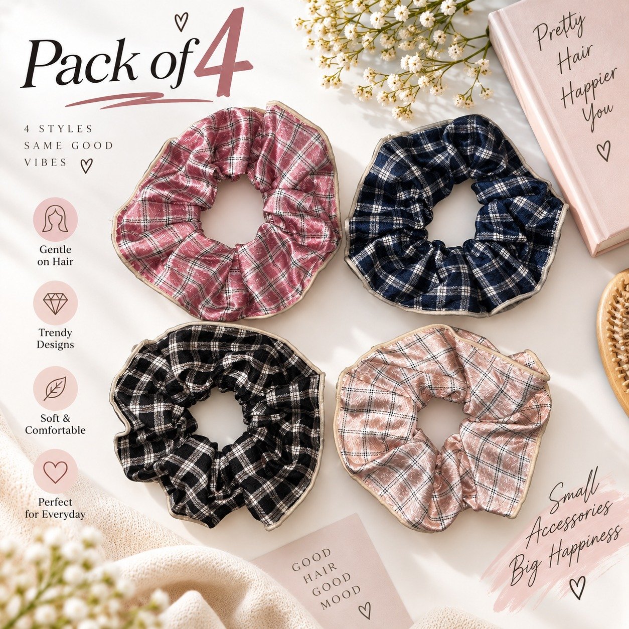 Scrunchies for Women and Girls, Pack of 4 – Plaid Hair Ties, Soft Fabric Hair Bands, Elastic Hair Accessories for Ponytail, Bun, Styling & Daily Wear (Multicolor)